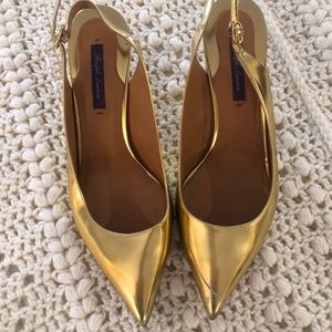 Shiny gold Ralph Lauren slingback leather women's shoes.